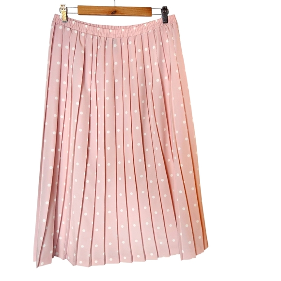 Vintage 80s Pastel Pink Polka Dot Pleated Midi Skirt Flowy Balletcore Coquette L - Picture 1 of 10